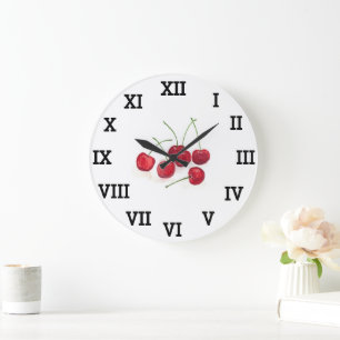 Grande Horloge Ronde Fruits de cerisier rouge Aquarelle d'été Alimentat