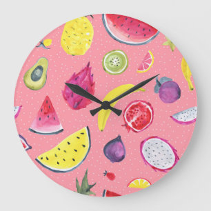 Grande Horloge Ronde Fruits exotiques : Motif Tropical À Main