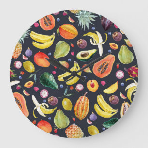 Grande Horloge Ronde Fruits tropicaux : Aquarelle Motif Multifruit.