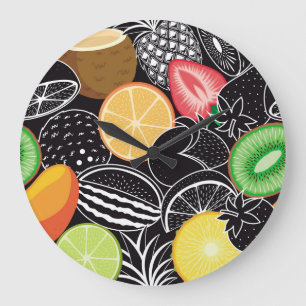 Grande Horloge Ronde Fruits tropicaux colorés, fond noir.