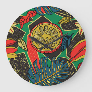 Grande Horloge Ronde Fruits tropicaux, feuille, motifs floraux de gribo