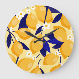 Grande Horloge Ronde Fruits vintages au citron : motif alimentaire.