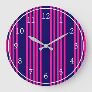 Grande Horloge Ronde Fuchsia et bleu marine cinq bandes motif