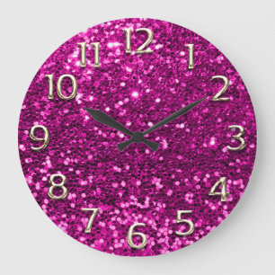 Grande Horloge Ronde Fuchsia Pink Glitter Arabic Numbers Champaigne