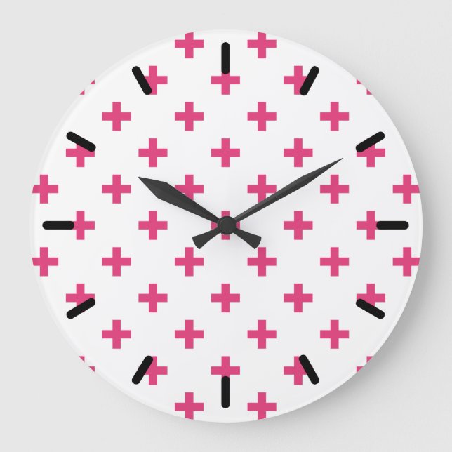 Grande Horloge Ronde Fuchsia polka croise sur blanc (Recto)
