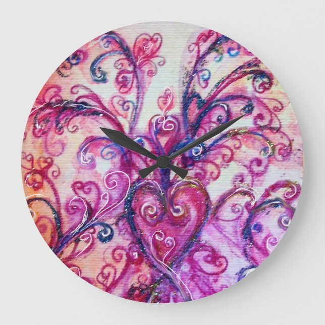 GRANDE HORLOGE RONDE FUCHSIE ROSE FLEURS DE FLEURS BLANCHES AU COEUR (Recto)