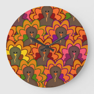 Grande Horloge Ronde Fun Colorful Thanksgiving Turkeys
