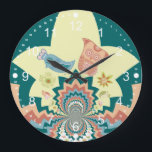 Grande Horloge Ronde Fun Crazy Owl Birds Chevron Motif<br><div class="desc">Fun Crazy Owl Birds and Flowers Kaleidoscope Chevron Motif dans le corail,  le bleu aqua,  et la moutarde.  Un grand cadeau pour les ados et tous ceux qui aiment la couleur et les designs uniques et intéressants.</div>