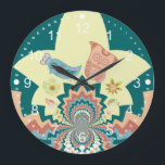 Grande Horloge Ronde Fun Crazy Owl Birds Chevron Motif<br><div class="desc">Fun Crazy Owl Birds and Flowers Kaleidoscope Chevron Motif dans le corail,  le bleu aqua,  et la moutarde.  Un grand cadeau pour les ados et tous ceux qui aiment la couleur et les designs uniques et intéressants.</div>