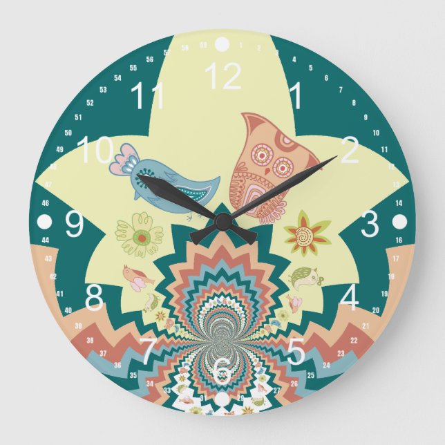 Grande Horloge Ronde Fun Crazy Owl Birds Chevron Motif (Recto)