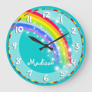 Grande Horloge Ronde Fun kids rainbow name aqua wall clock