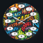 Grande Horloge Ronde Fun Retro Comic Book pop Art Sounds<br><div class="desc">Fun trendy superhero comic book book pop clocks that are sure to add a splash of colour to a range of rooms around your home or office. A idéal way to treat yourself or someone that you know with these cool, unique comic con designer clocks. Why not add some zap...</div>
