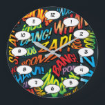 Grande Horloge Ronde Fun Retro Comic Book pop Art Sounds<br><div class="desc">Fun trendy superhero comic book book pop clocks that are sure to add a splash of colour to a range of rooms around your home or office. A idéal way to treat yourself or someone that you know with these cool, unique comic con designer clocks. Why not add some zap...</div>