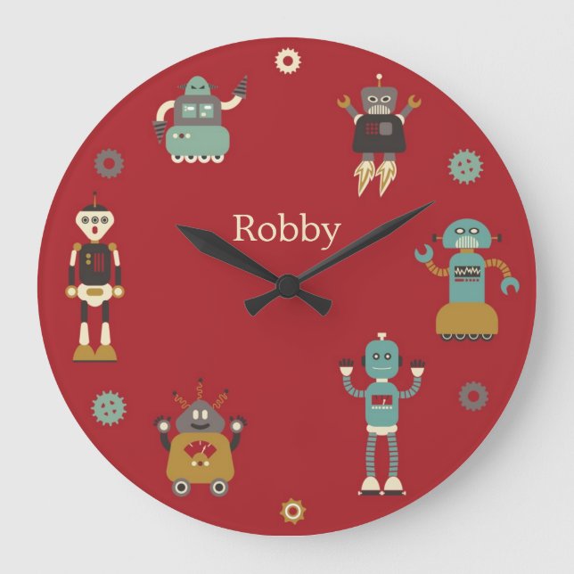 Grande Horloge Ronde Fun Retro Robots Illustrated Pattern (Recto)
