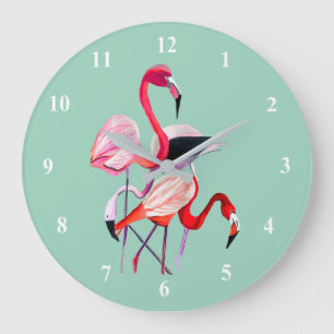 Grande Horloge Ronde Fun rose flamingo aquarelle illustration