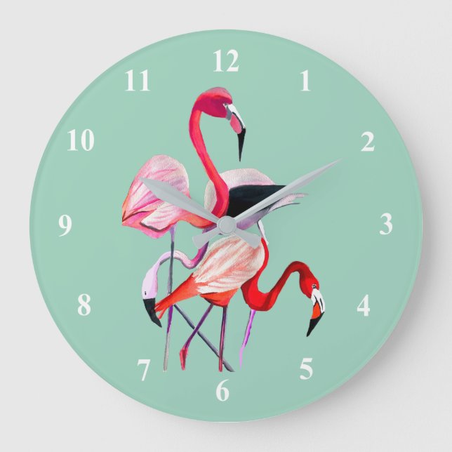 Grande Horloge Ronde Fun rose flamingo aquarelle illustration (Recto)