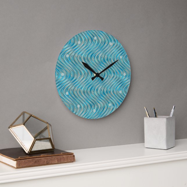 Grande Horloge Ronde Funky Aqua Turquoise Blue Curved Lines Art Motif (Bureau)