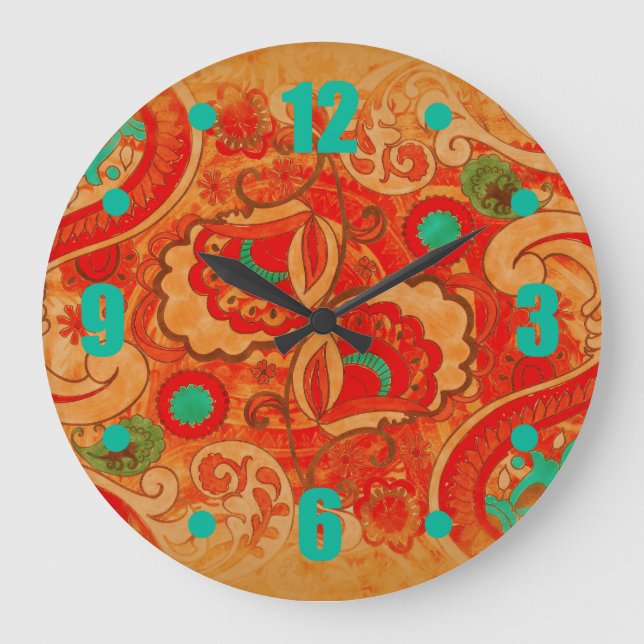Grande Horloge Ronde Funky Burnt Orange Rouge Turquoise Paisley (Recto)