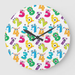 Grande Horloge Ronde Funky Cartoon Monster Numbers Math School Pattern