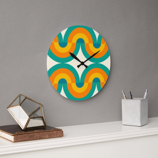 Grande Horloge Ronde Funky Eclectic Retro Demi Cercles Art Motif (Bureau)