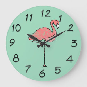 Grande Horloge Ronde Funky Vintage rose Flamant rose bleu