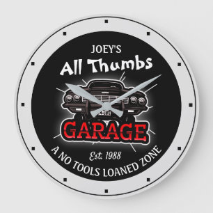 Grande Horloge Ronde Funny Any Name All Thumbs Garage Retro Car Date 