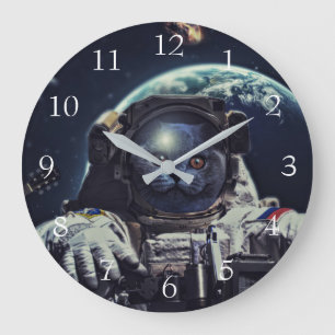 Grande Horloge Ronde Funny Astronaut Shorthair Cat dans l'espace