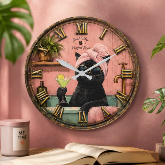Grande Horloge Ronde Funny Black Cat Spa (Créateur téléchargé)