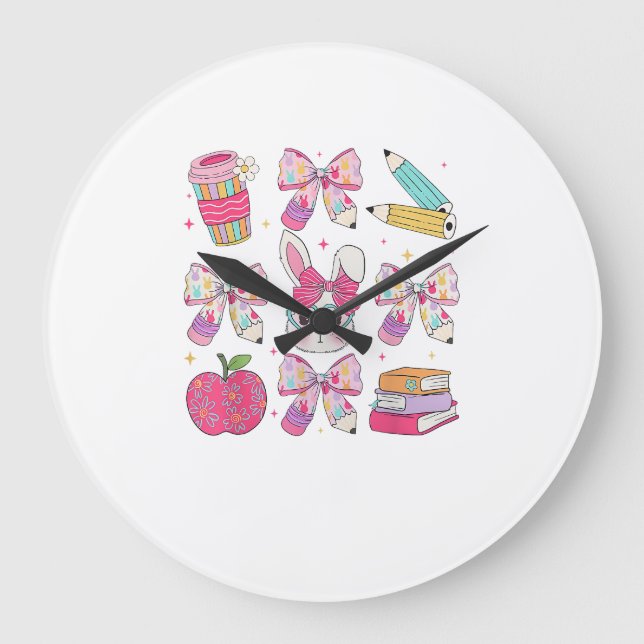 Grande Horloge Ronde Funny Bunny Coquette Bow Rabbit Teacher Easter Ret (Recto)