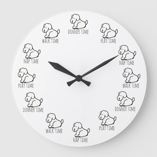 Grande Horloge Ronde Funny Cartoon Dog Dinner Play Walk Nap Time Clock (Recto)