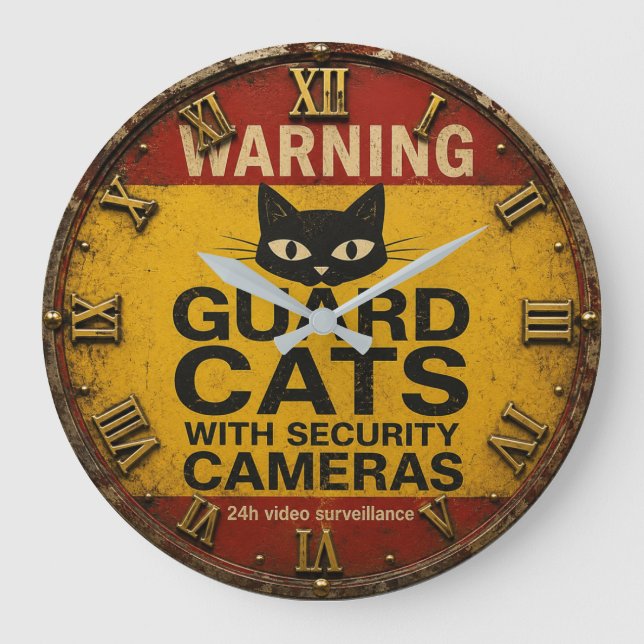 Grande Horloge Ronde Funny Cat Warning Sign (Recto)