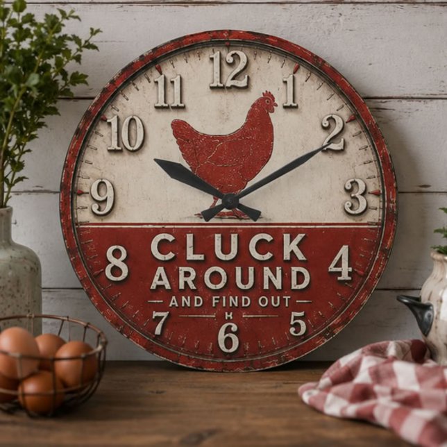 Grande Horloge Ronde Funny Chicken Rustic Farmhouse  (Créateur téléchargé)