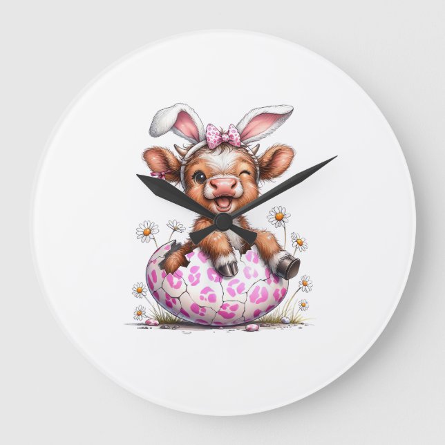 Grande Horloge Ronde Funny Cow Easter Rabbit Cute Highland Cows Lover E (Recto)