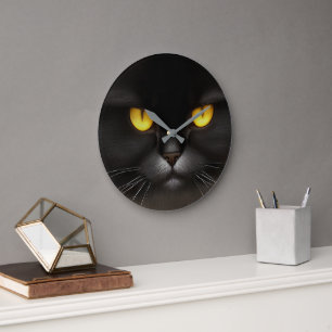 Grande Horloge Ronde Funny Fluffeux noir Perse noir chaton visage