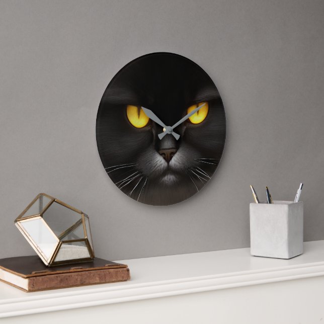Grande Horloge Ronde Funny Fluffeux noir Perse noir chaton visage (Bureau)