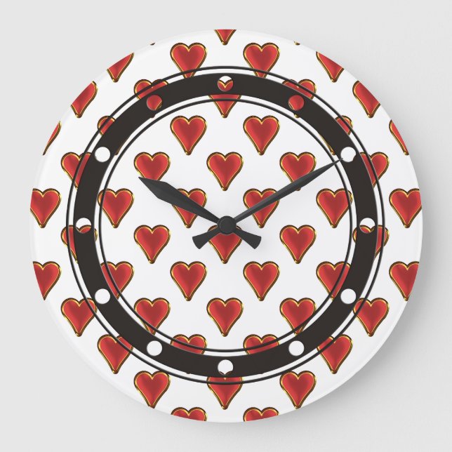 Grande Horloge Ronde Funny Heart Pattern gold red + your backgr. & (Recto)