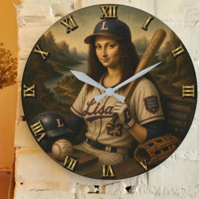 Grande Horloge Ronde Funny Mona Lisa Baseball (Créateur téléchargé)