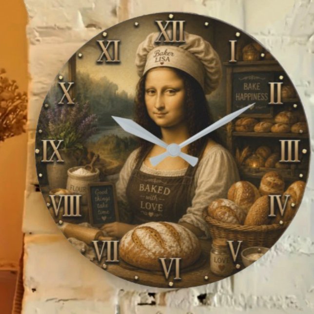 Grande Horloge Ronde Funny Mona Lisa Rustic Bakery Kitchen Decor (Créateur téléchargé)