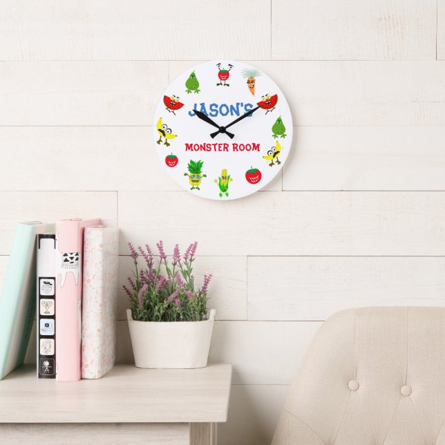 Grande Horloge Ronde Funny Monster fruits amis chambre enfants (Salle de lecture)
