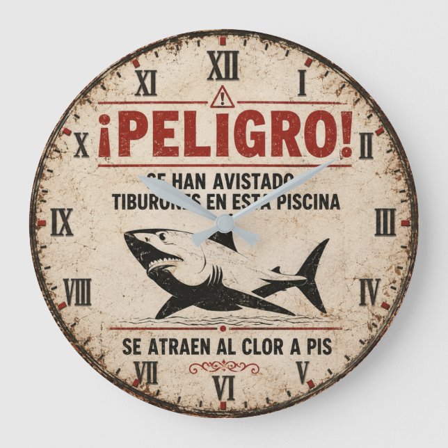 Grande Horloge Ronde Funny Shark Warning Spanish (Recto)