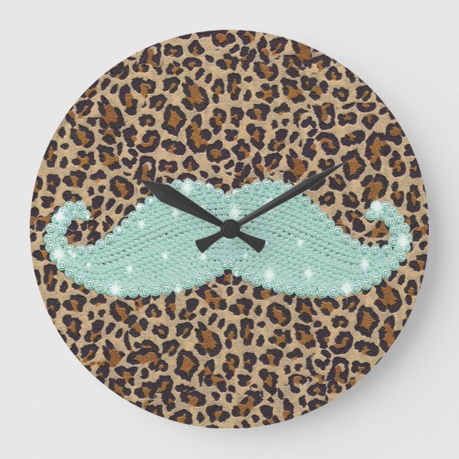 Grande Horloge Ronde Funny Teal Green Bling Mustache And Animal Print (Recto)