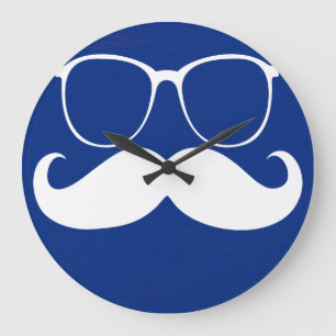 Grande Horloge Ronde Funny White Mustache Glasses on Blue Background