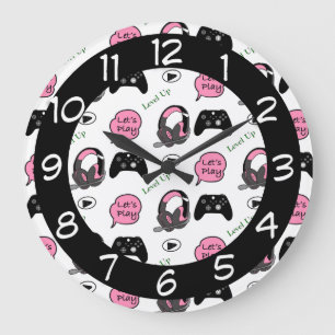 Grande Horloge Ronde Gamer Girl rose et noir