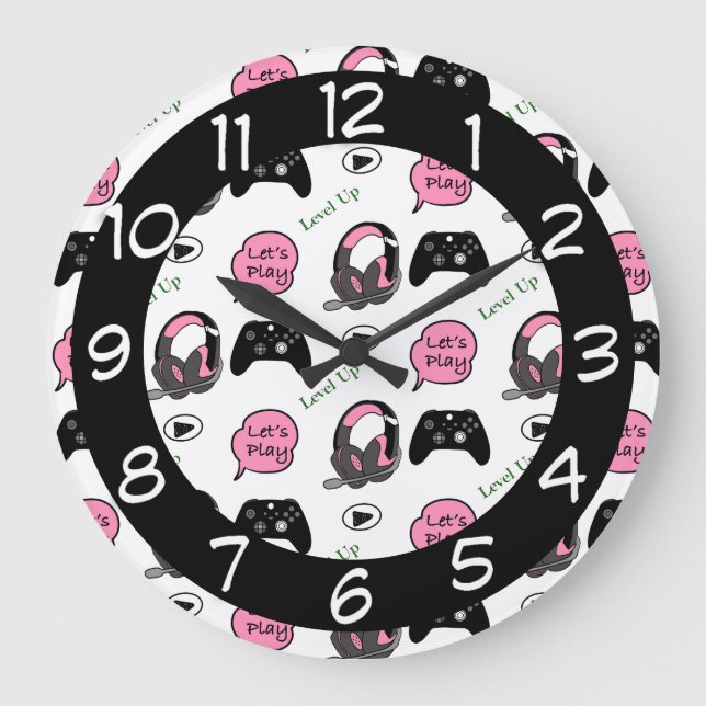 Grande Horloge Ronde Gamer Girl rose et noir (Recto)
