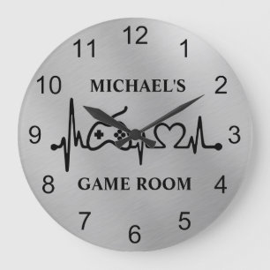Grande Horloge Ronde Gamer Jeu Heartbeat Monogram Silver