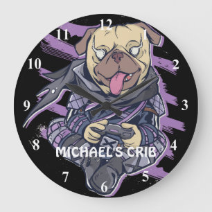 Grande Horloge Ronde Gamer Pug Ninja Neon Look Teens Graphic