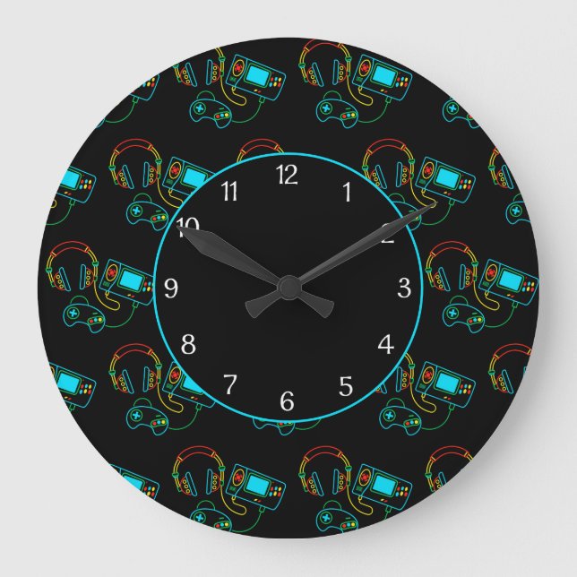 Grande Horloge Ronde Gamer Retro Neon Motif Noir (Recto)