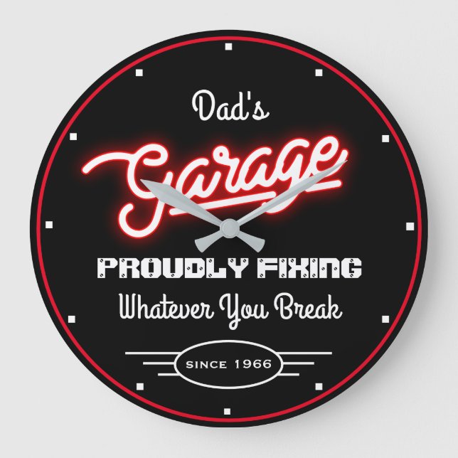 Grande Horloge Ronde Garage Papa's Any Name Fixing Handyman Red Black (Recto)