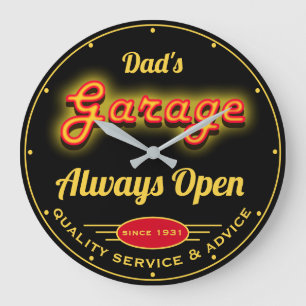 Grande Horloge Ronde Garage Papa's Garage Red Yellow Neon Look Date Nom