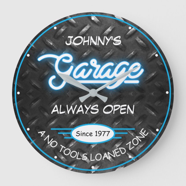 Grande Horloge Ronde Garage pour n'importe quel nom Faux Blue Neon Plat (Recto)